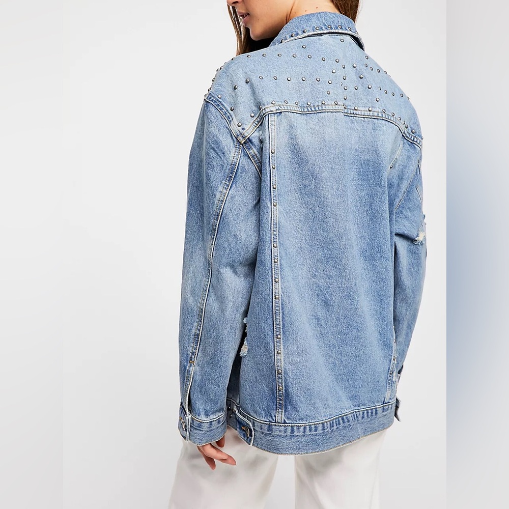Free People Studded Denim Trucker Jacket Oversized Size XS - Picture 2 of 8